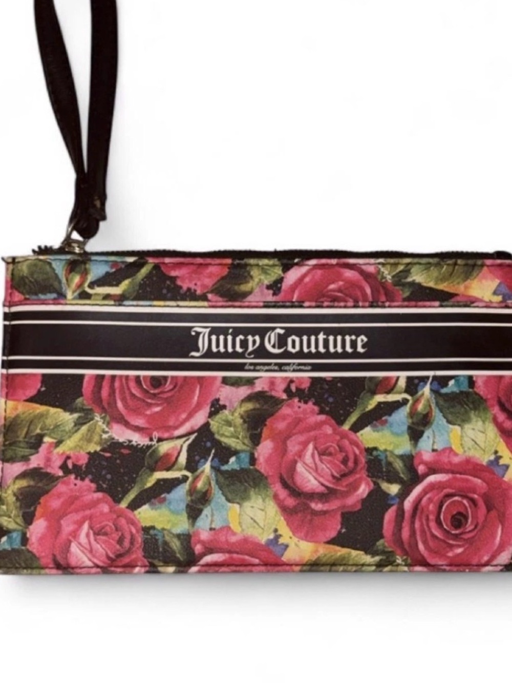Juicy Couture Black Wristlet Clutch with Pink Rose Print